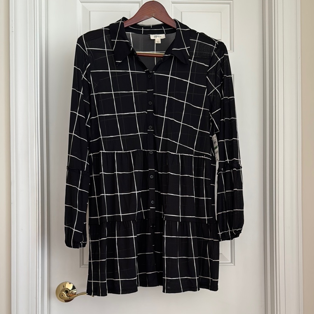 Style & Co Sundress Size L Black White Long Sleeves Collar Buttons Sheer Frilly